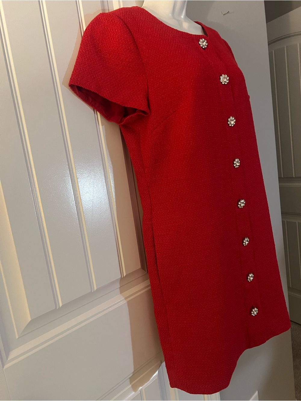 J.Crew Holiday Red Bouclé/Tweed-Texture Dress Crystal Jeweled floral buttons - Picture 8 of 14